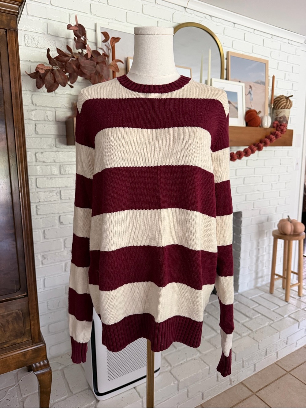 Brandy Melville Burgundy & Cream Striped Crewneck Sweater